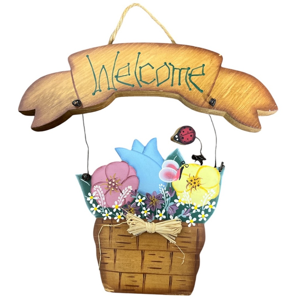 VINTAGE Handmade Wooden Basket Welcome Sign Cottagecore Farmhouse 11"